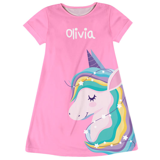 Unicorn and Stars Personalized Name Pink Short Sleeve A Line Dress