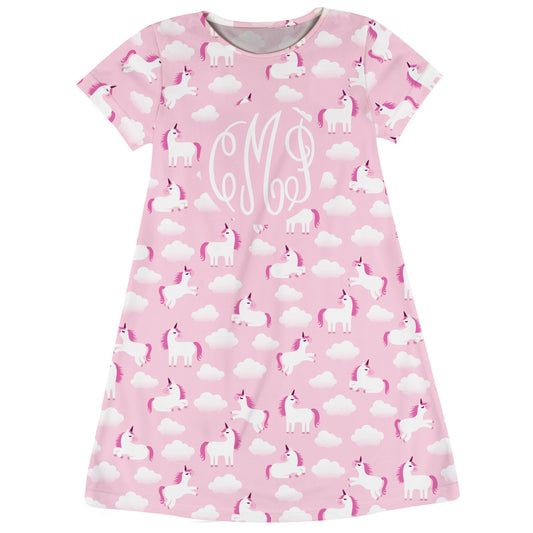 Unicorn Print Personalized Monogram Pink Short Sleeve A Line Dress - Wimziy&Co.