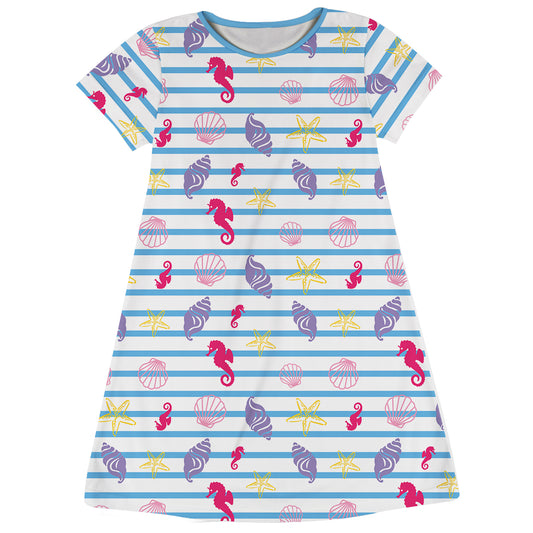 Under the Sea Print Blue and White Stripes Short Sleeve A Line Dress