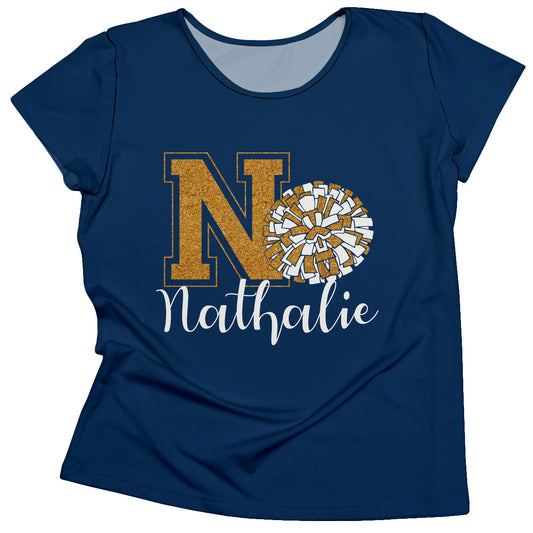 Cheerleader Pompom Personalized Initial and Name Navy Short Sleeve Tee Shirt