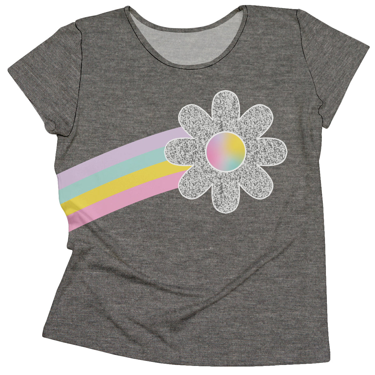 Flower and Rainbow Gray Short Sleeve Tee Shirt