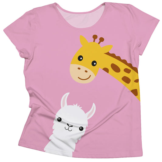 Llama and Giraffe Pink Short Sleeve Tee Shirt