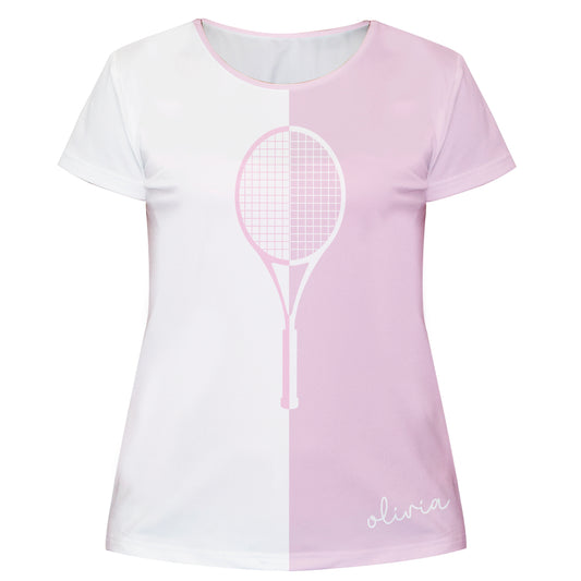 Tennis Racket Personalized Name White and Pink Short Sleeve Tee Shirt