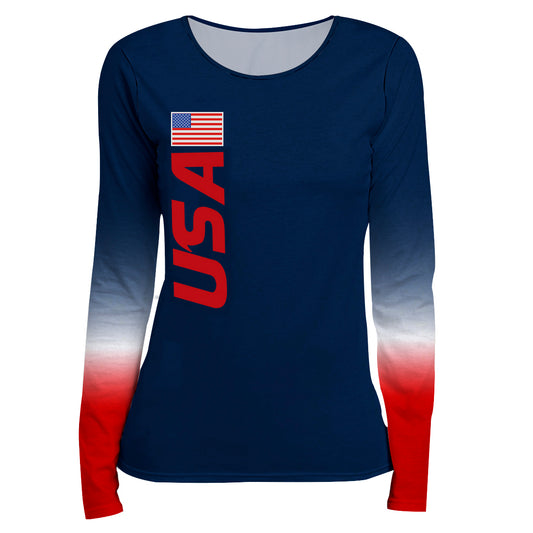 USA Flag Navy and Red Degrade Long Sleeve Tee Shirt - Wimziy&Co.
