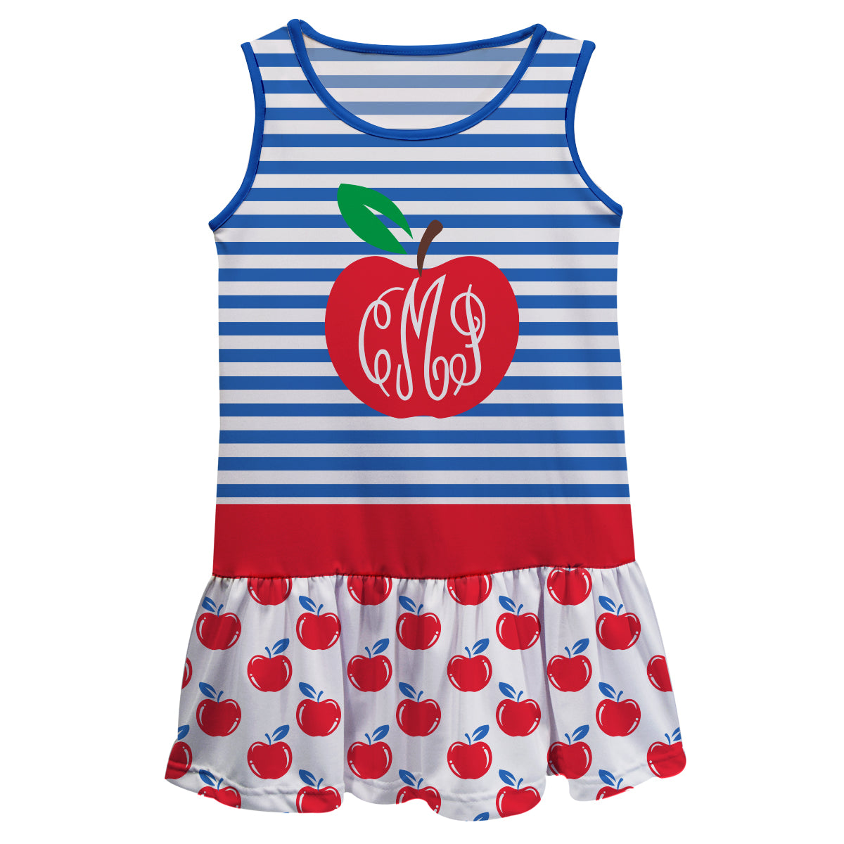 Apple Print Personalized Monogram Blue Red and White Stripes Lily Dress - Wimziy&Co.
