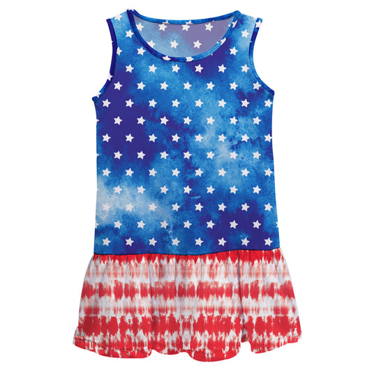 American Print Red Blue and  White Tie Dye Lily Dress