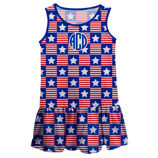 Americana Stars Print Monogram Blue White and Red Lily Dress - Wimziy&Co.