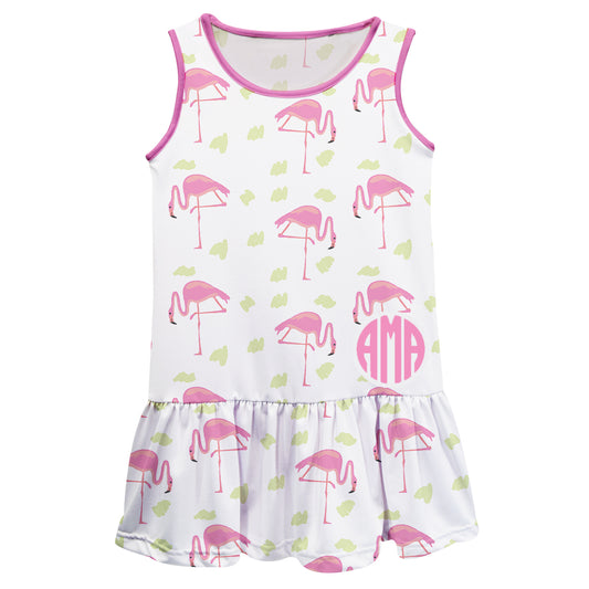 Flamingo Print Monogram White Short Sleeve Lily Dress