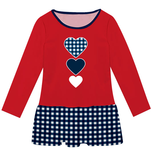 Hearts Red Blue and White Check Long Sleeve Lily Dress