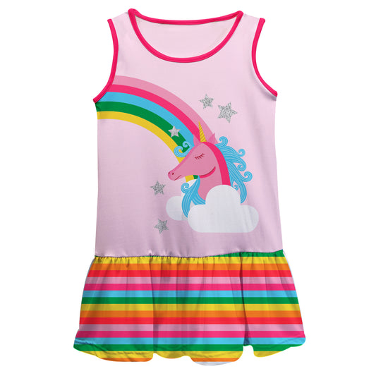 Unicorn and Rainbow Pink and Yellow Stripes Lily Dress