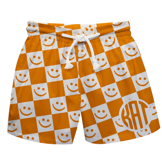 Check Happy Face Print Personalized Orange and White Monogram  Swimtrunk