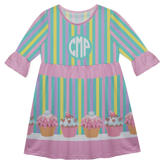 Cupcakes Personalized Monogram Pink Yellow and Mint Amy Dress 3/4 Sleeve