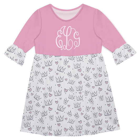 Crown Print Monogram Pink And White Amy Dress 3/4 Sleeve