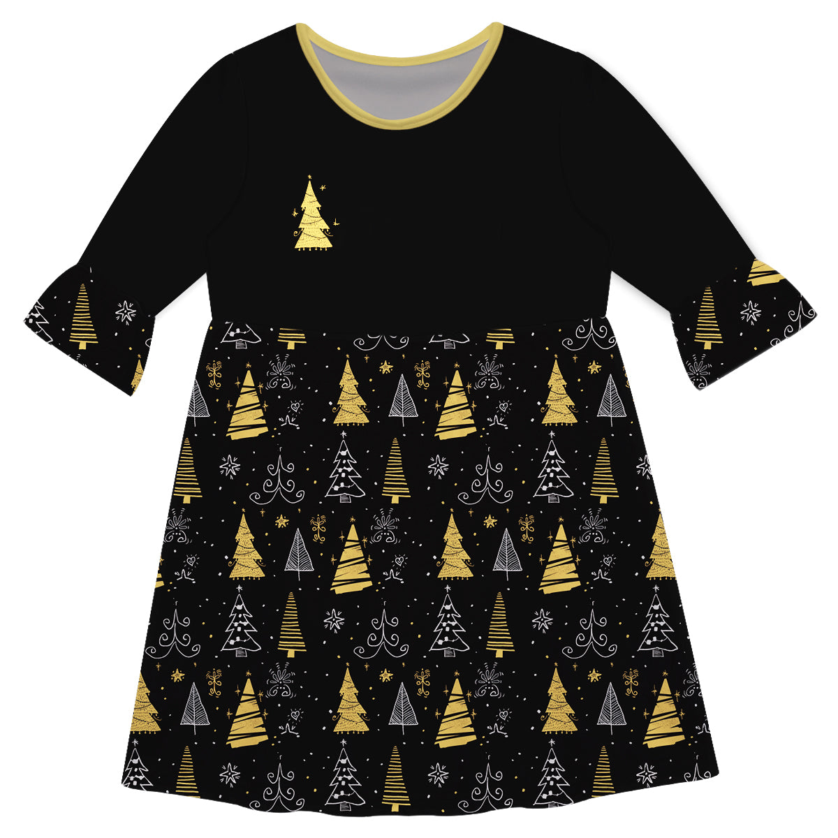 Girls black and yellow christmas tree dress with name - Wimziy&Co.