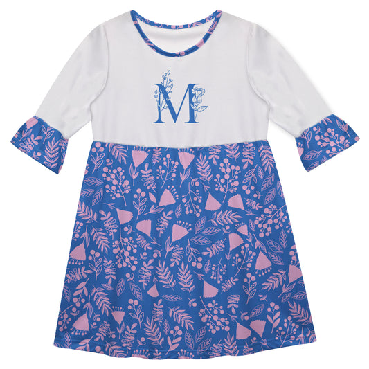 Flowers Initial Name Royal and White Amy Dress 3/4 Sleeve - Wimziy&Co.