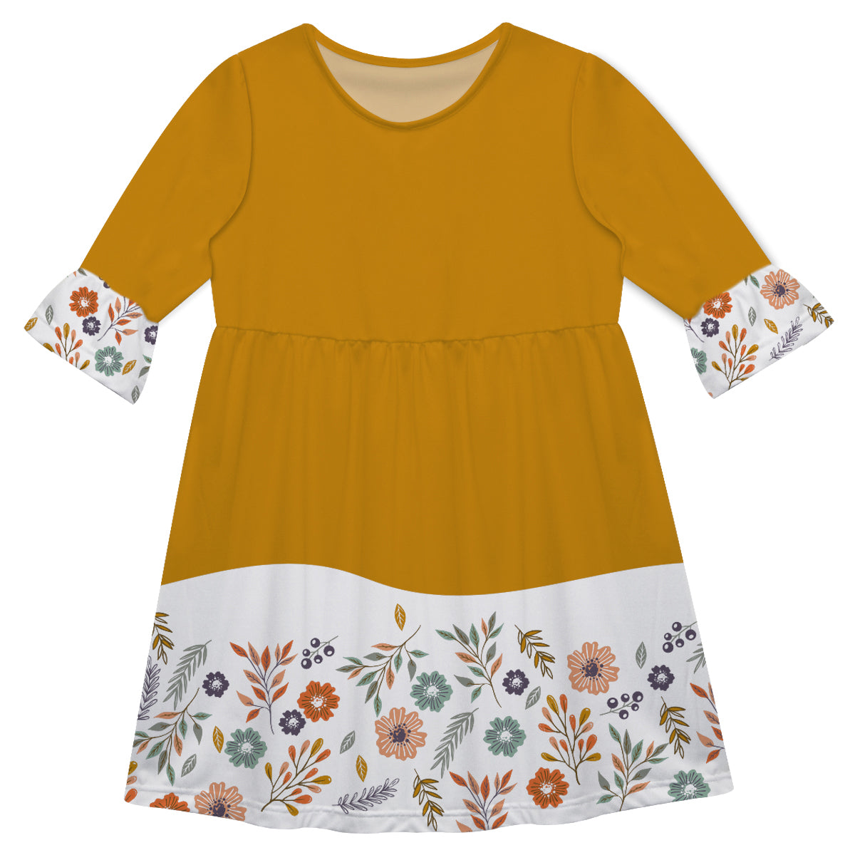 Girls mustar and white flowers dress with monogram - Wimziy&Co.