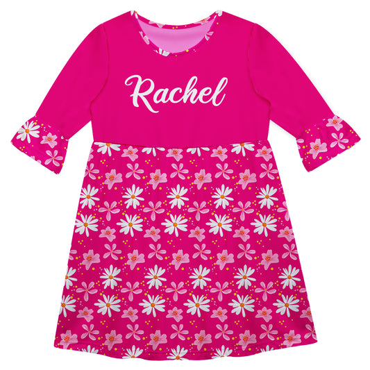 Floral Print Personalized Name Hot Pink Amy Dress 3/4 Sleeve