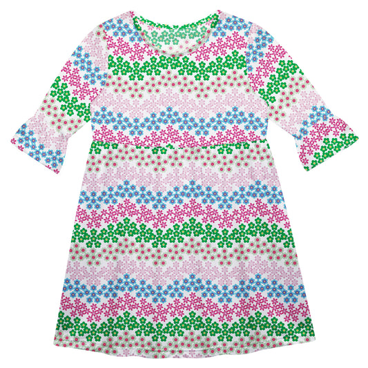Flowers Print White Pink and Green Amy Dress 3/4 Sleeve