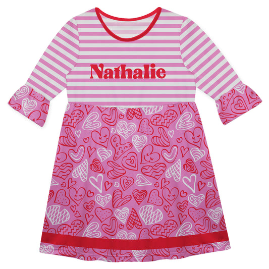 Hearts Print Personalized Name Pink White and Red Stripes Amy Dress 3/4 Sleeve
