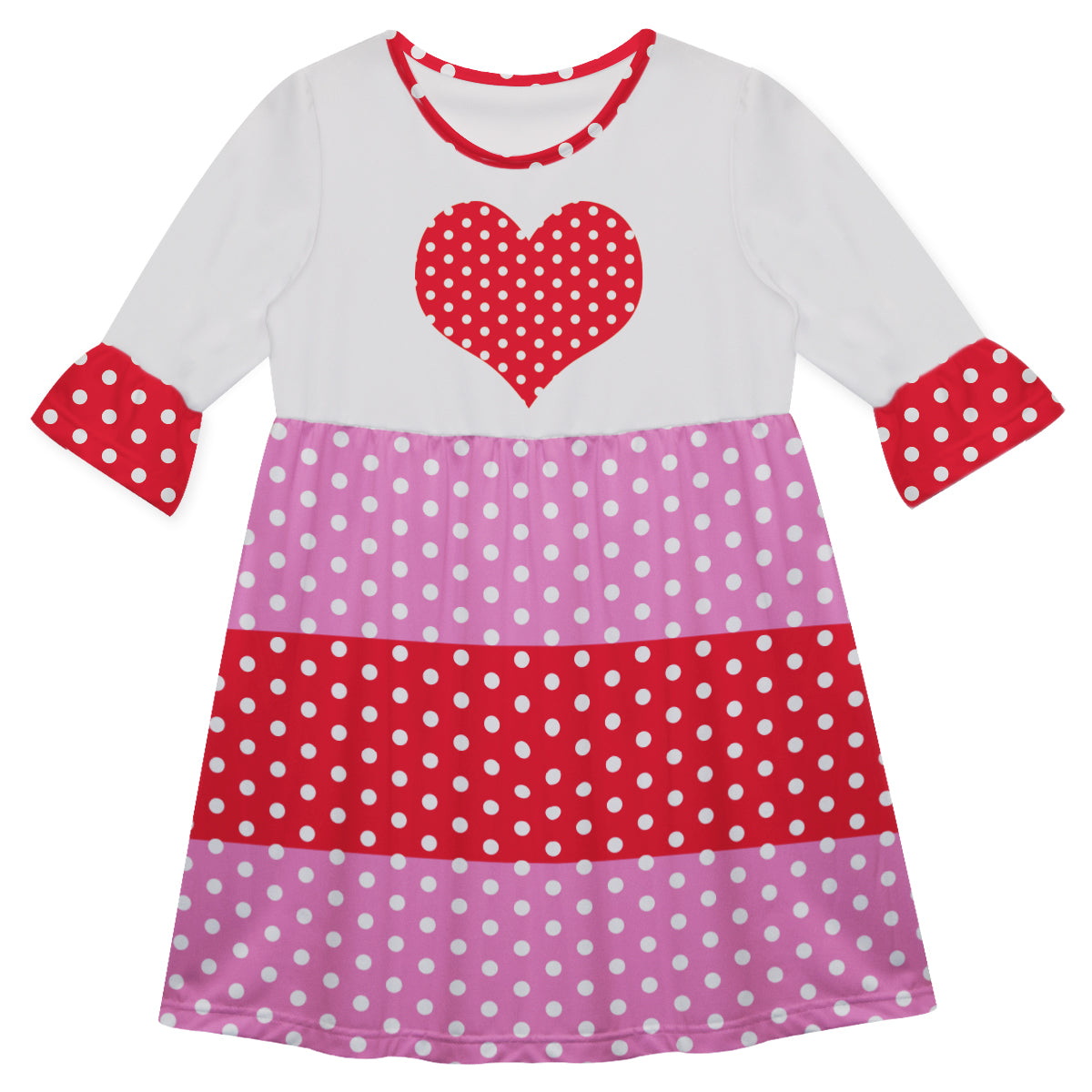 Heart Pink White and Red Polka Dots Gingham Amy Dress 3/4 Sleeve