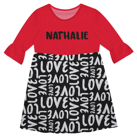 Love Print Personalized Name Red and Black Amy Dress 3/4 Sleeve