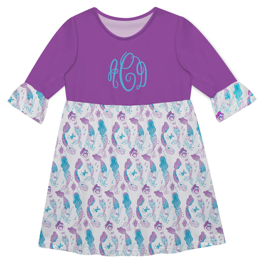 Mermaid Print Monogram White And Purple Amy Dress 3/4 Sleeve