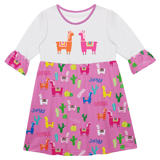 Llama and Cactus Name Print Pink and White Amy Dress 3/4 Sleeve