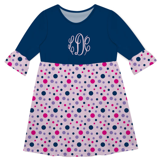 Polka Dots Print Monogram Pink and Navy Amy Dress 3/4 Sleeve