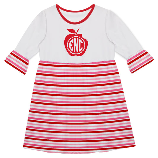 Stripe Apple Monogram Red And Pink  Amy Dress ¾ Sleeve