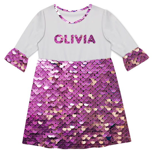 Sequins Name Purple And White Amy Dress 3/4 Sleeve
