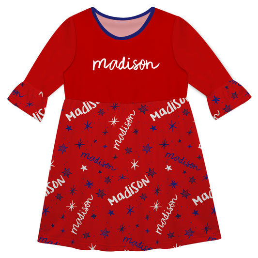 Stars and Name Print Red Amy Dress 3/4 Sleeve