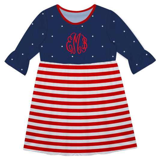 Stars Monogram Navy and Red Stripes Amy Dress 3/4 Sleeve