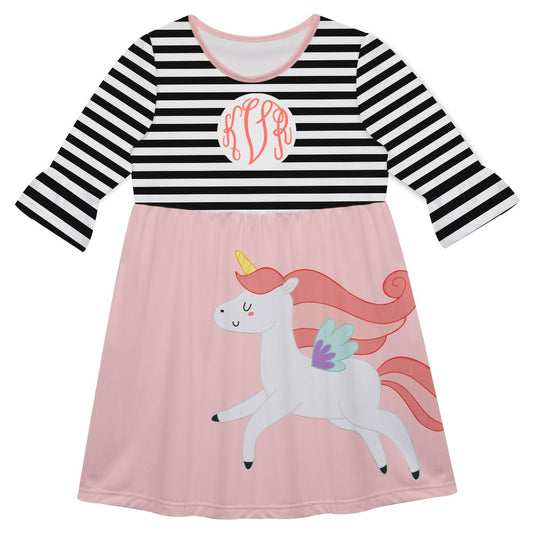 Unicorn Monogram Pink and Black Amy Dress 3/4 Sleeve