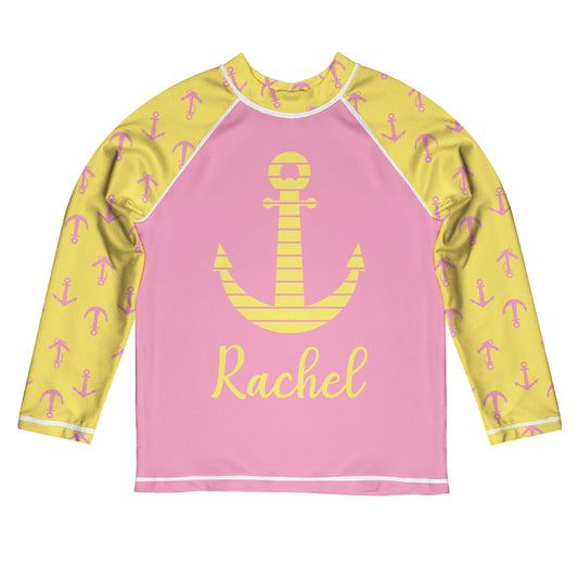 Anchor Personalized Name Pink and Yellow Long Sleeve Rash Guard