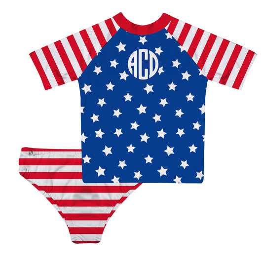 Americana Stars Personalized Monogram Blue White and Red 2pc Short Sleeve Rash Guard - Wimziy&Co.