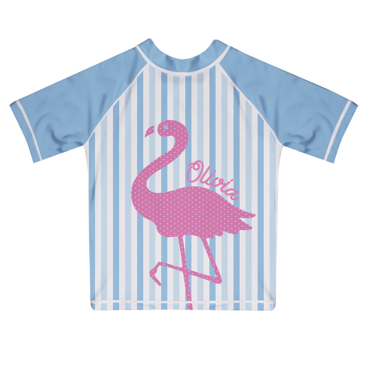 Flamingo Personalized Name White and Light Blue Short Sleeve Rash Guard