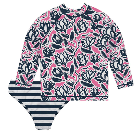 Floral Print Pink and Navy Stripes 2pc Long Sleeve Rash Guard