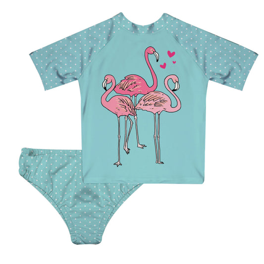 Flamingos Turquoise 2pc Short Sleeve Rash Guard