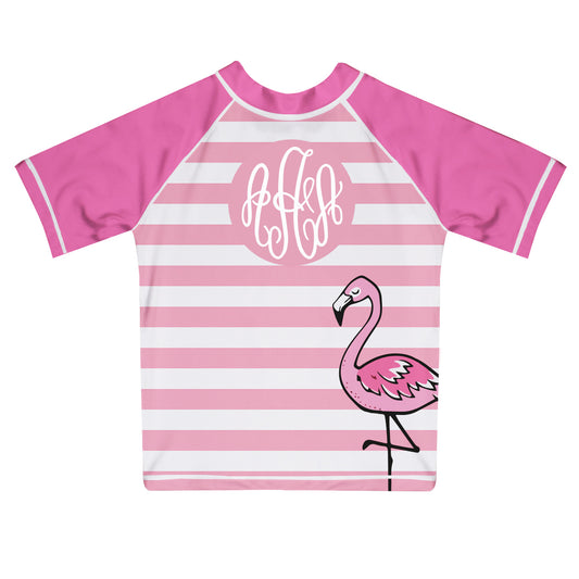 Flamingo Personalized Monogram White and Pink Stripes Short Sleeve Rash Guard