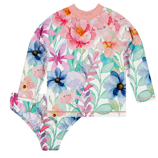 Floral Pink Blue and White 2pc Long Sleeve Rash Guard