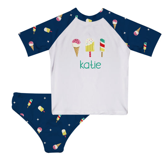 Ice Cream Print Personalized Name White and Navy 2pc Short Sleeve Rash Guard