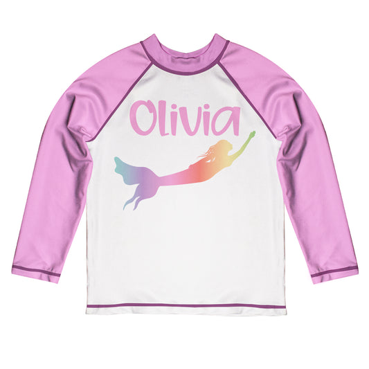 Mermaid Personalized Name White and Pink Long Sleeve Rash Guard