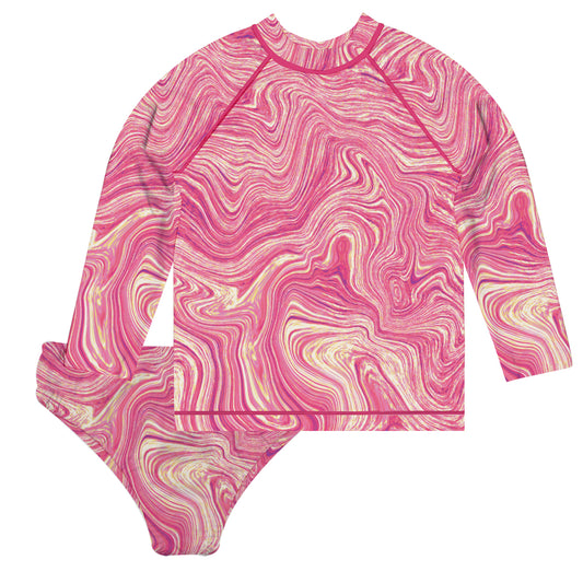 Marble Print Pink and White 2pc Long Sleeve Rash Guard