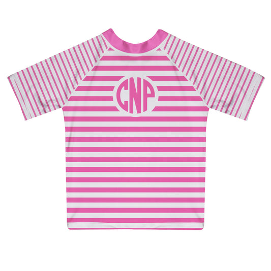 Monogram White and Pink Stripes Short Sleeve Rash Guard