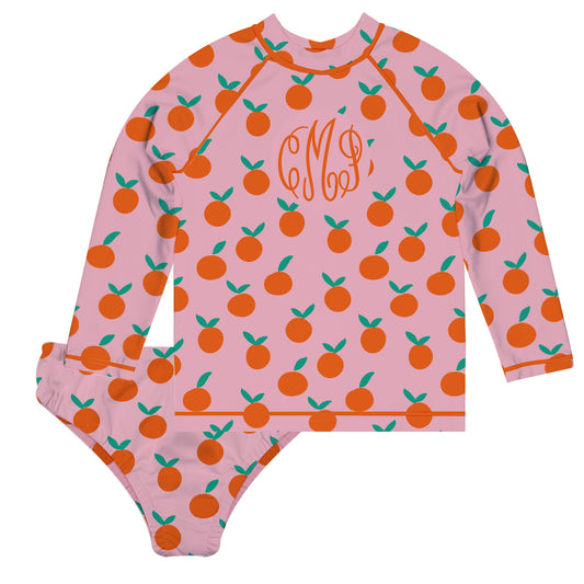 Oranges Print Personalized Monogram Pink and Orange 2pc Long Sleeve Rash Guard