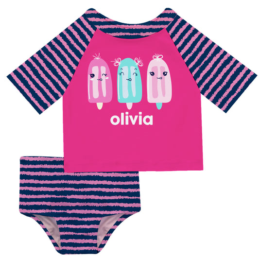 Popsicles Name Navy and Pink Stripes 2pc Short Sleeve Rash Guard