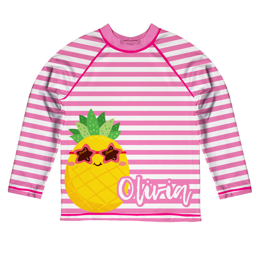 Pineapple Personalized Name White and Pink Stripes Long Sleeve Rash Guard