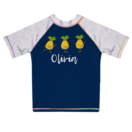 Pineapple Personalized Name Navy and White Short Sleeve Rash Guard