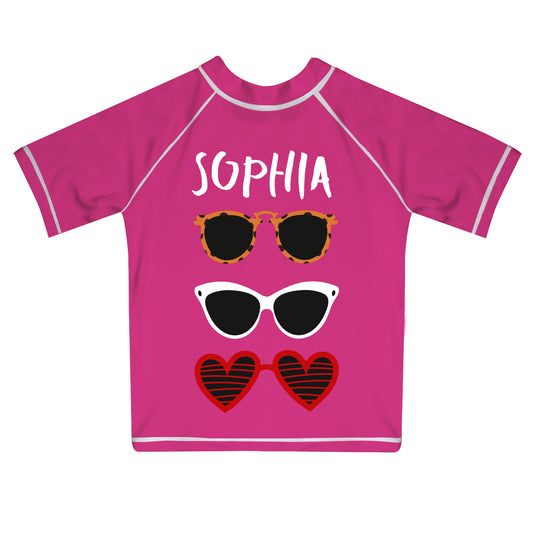 Sunglasses Personalized Name Hot Pink Short Sleeve Rash Guard