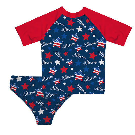 Stars And Name Print Navy and Red 2pc Short Sleeve Rash Guard - Wimziy&Co.